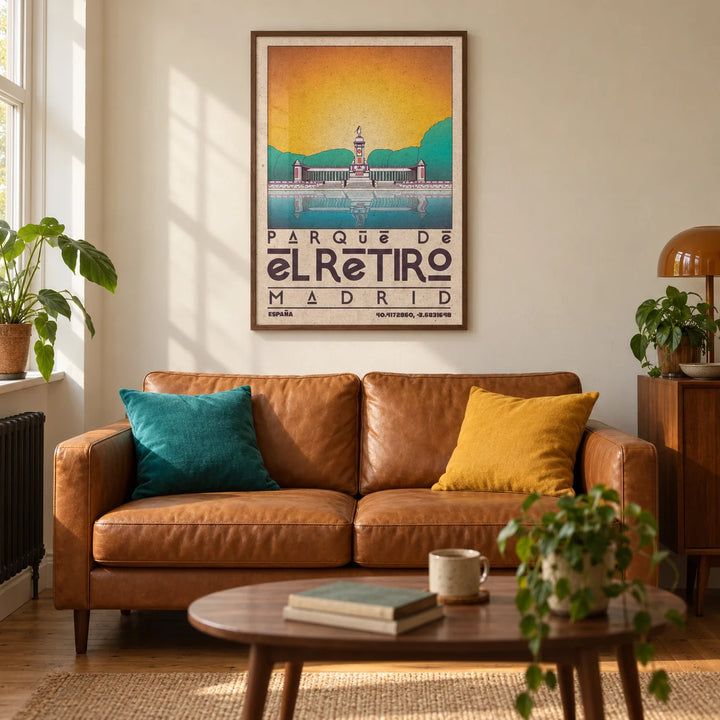 Madrid Landscape Poster, framed on the wall of a warm retro living room in a UK terraced house with cream plaster walls