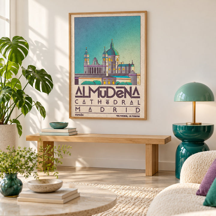 Madrid Poster shown in a minimalist living room with an oak bench (frame not included)