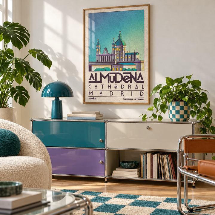 Madrid Poster shown in a playful living room with a retro modular sideboard (frame not included)