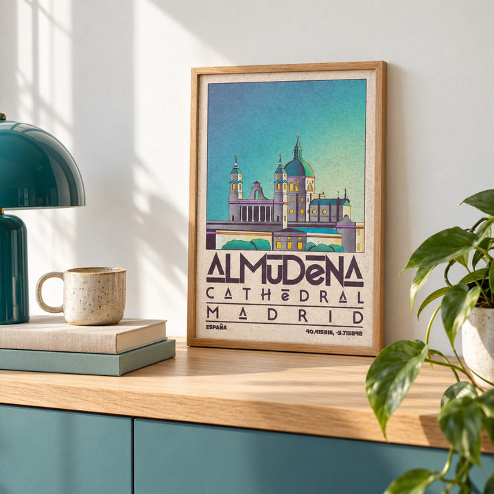 Madrid Poster shown in the small A4 size on a shelf (frame not included)