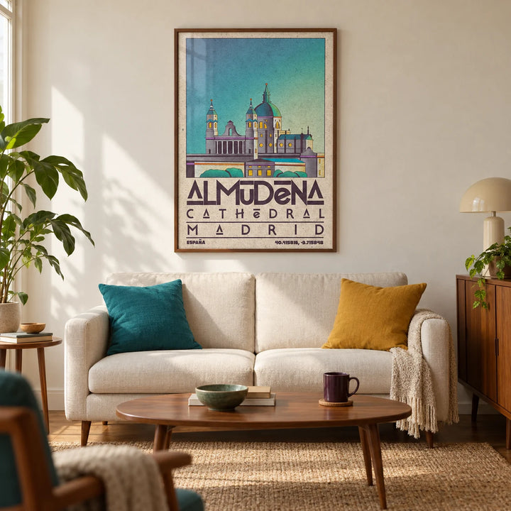 Madrid Poster, framed on the wall of a warm mid-century living room in a UK city flat with ivory plaster walls and walnut furniture