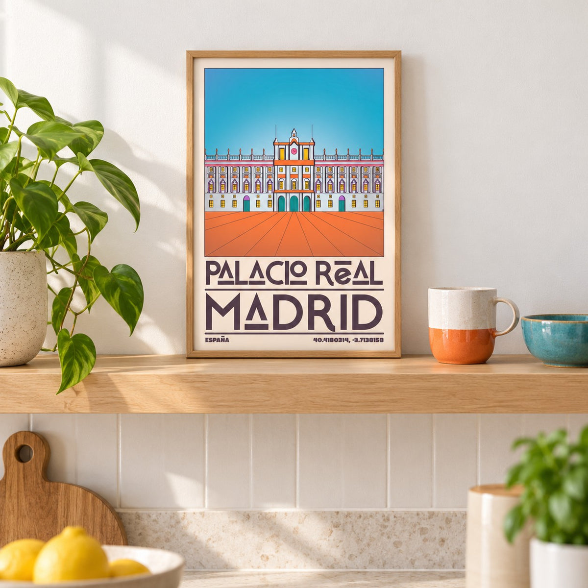 Madrid Royal Palace Poster shown in the small A4 size on a kitchen shelf (frame not included)