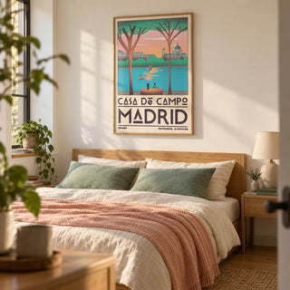Madrid Wall Art, framed on the wall of a calm bedroom for a travel-loving couple in their thirties with warm white walls and oak floorboards