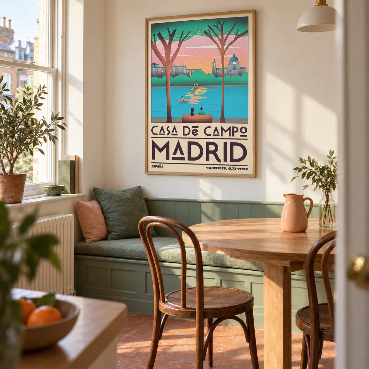 Madrid Wall Art, framed on the wall of a characterful dining corner in a UK city flat with warm white walls and a built-in muted green bench