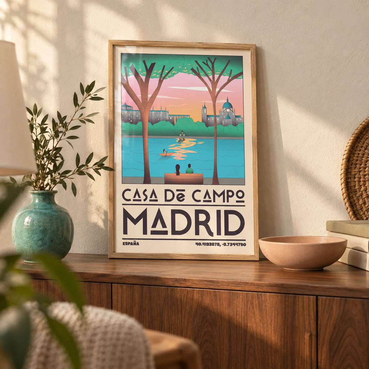 Madrid Wall Art, a small A4 framed print leaning on a walnut sideboard in a living room