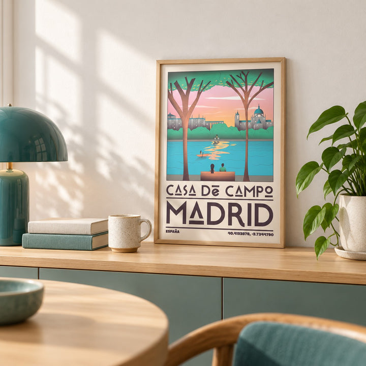 Madrid Wall Art shown in the small A4 size on a shelf (frame not included)