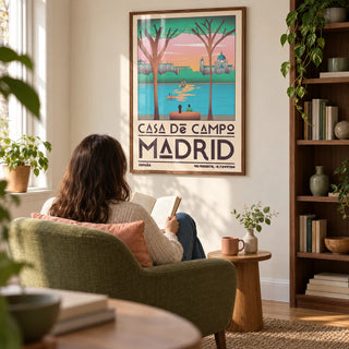 Madrid Wall Art, framed on the wall of a sunny reading corner in a UK flat with a cream wall and a walnut bookcase to one side in a living room