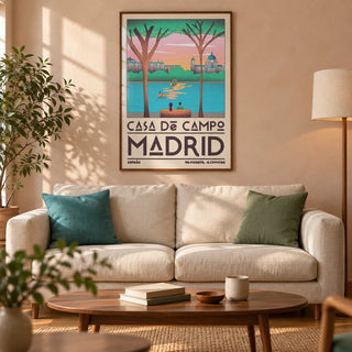 Madrid Wall Art, framed on the wall of a warm modern living room in a UK terraced home with pale peach plaster walls and oak floorboards
