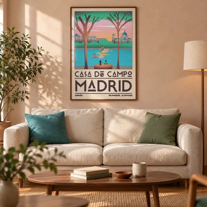 Madrid Wall Art, framed on the wall of a warm modern living room in a UK terraced home with pale peach plaster walls and oak floorboards