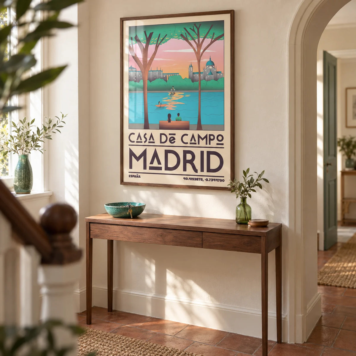 Madrid Wall Art, framed on the wall of a welcoming hallway in a renovated UK terrace with cream plaster walls and simple terracotta floor tiles