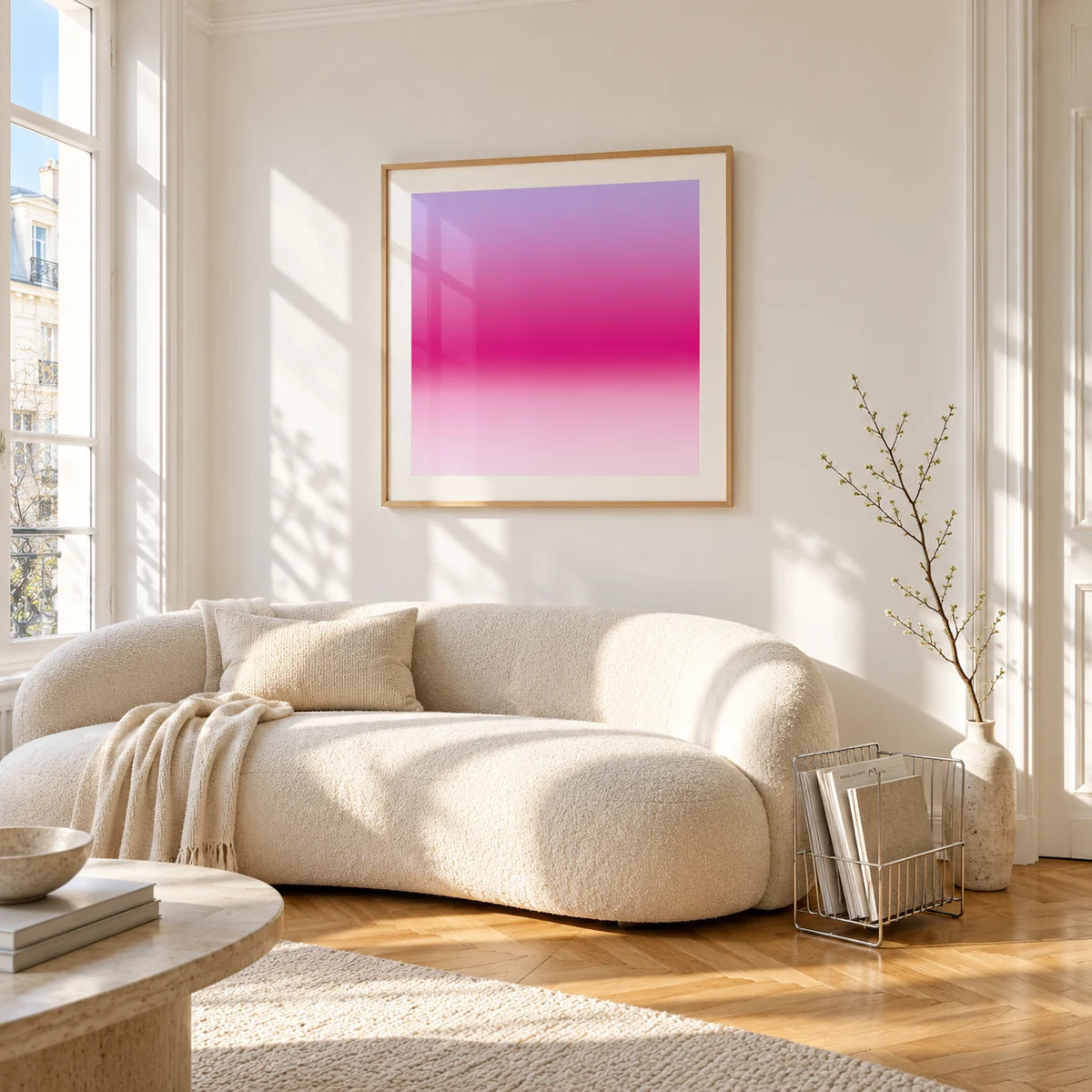 Magenta Print, framed on the wall of a bright living room corner