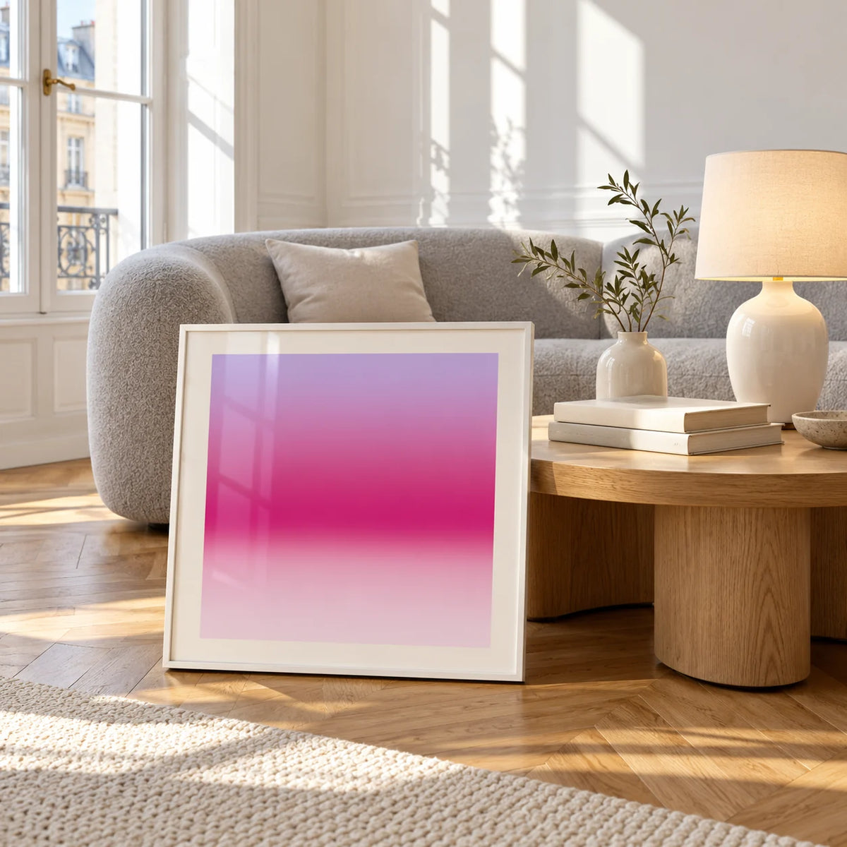 Magenta Print, framed and leaning against a coffee table in a bright living room