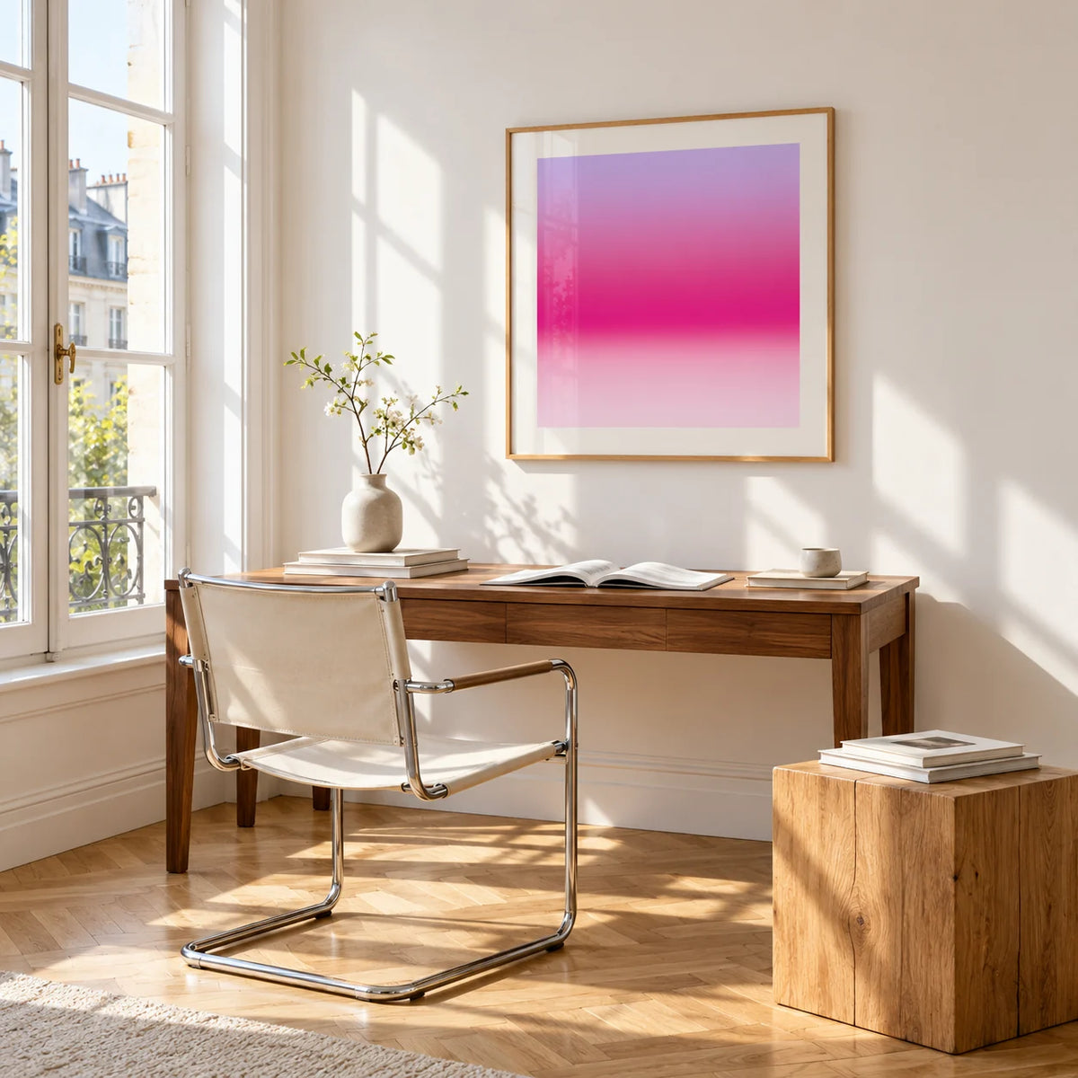 Magenta Print, framed on the wall of a bright study corner with a tall white paned window