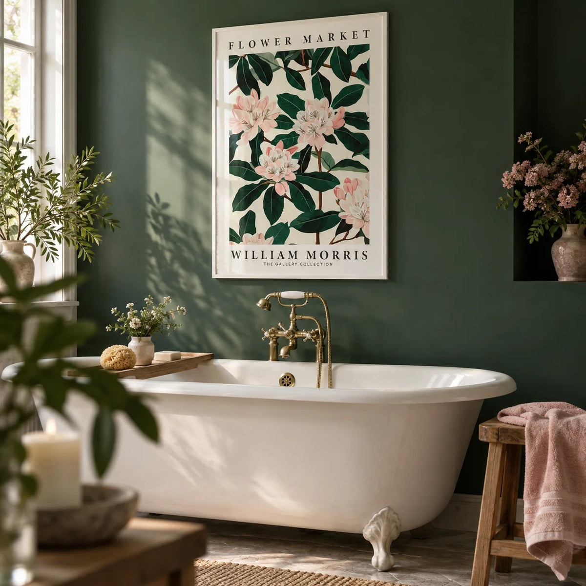 Magnolia Wall Art, framed on the wall of a calm bathroom with a dark green painted wall and a white roll-top bath