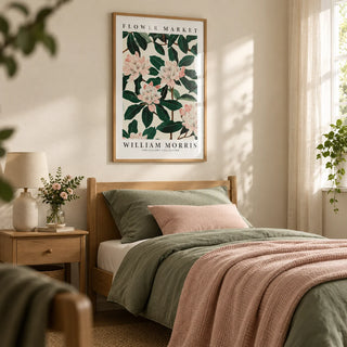 Magnolia Wall Art, framed on the wall of a calm single guest bedroom with a soft cream wall