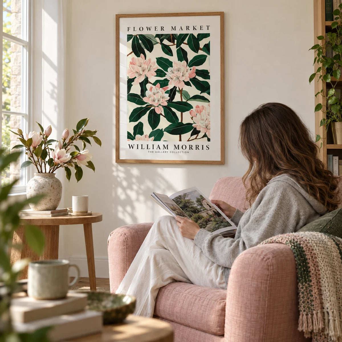 Magnolia Wall Art, framed on the wall of a quiet reading corner with a warm white wall in a living room