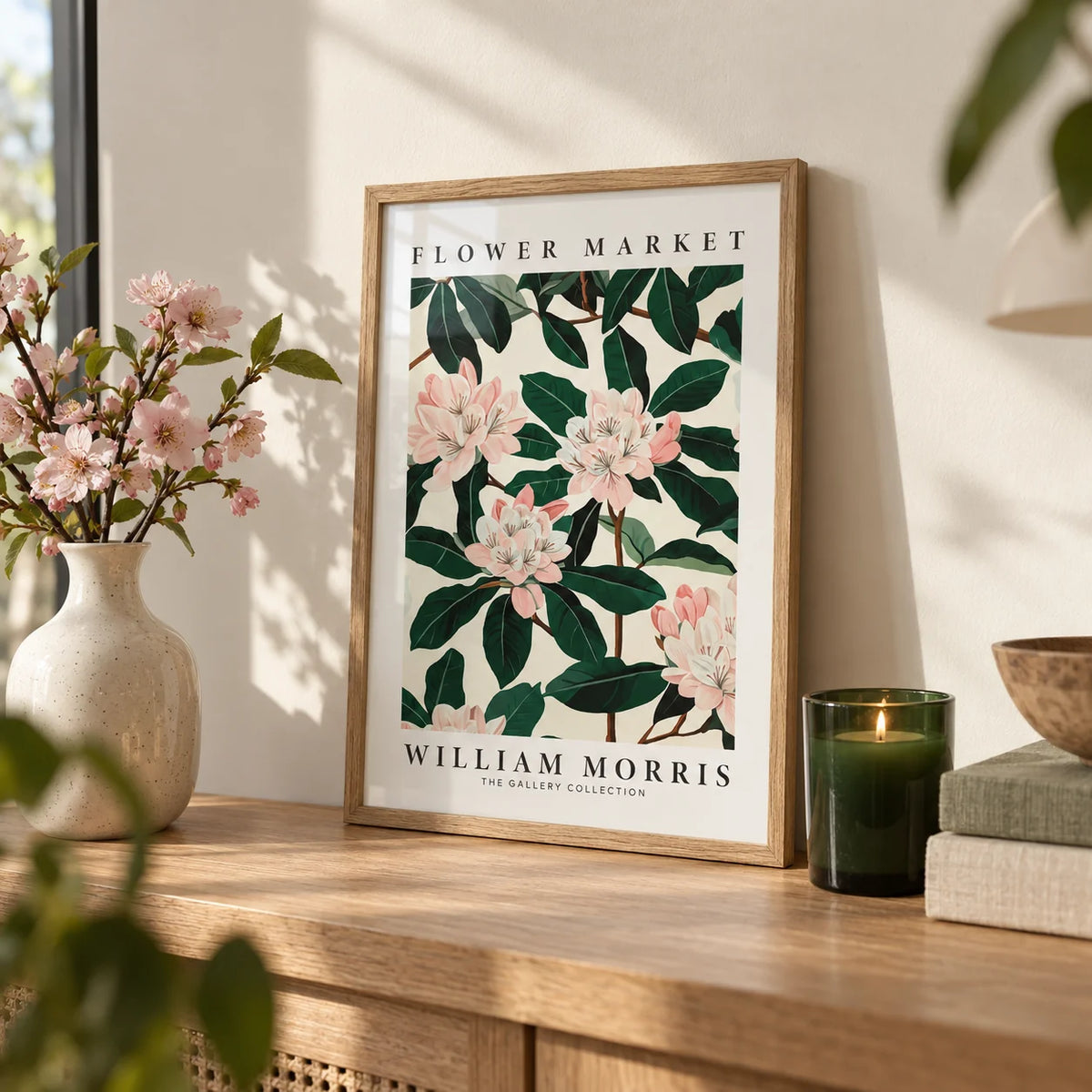 Magnolia Wall Art, a small A4 framed print leaning on an oak shelf in a living room