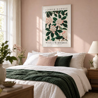 Magnolia Wall Art, framed on the wall of a soft bedroom with a pale blush pink painted wall
