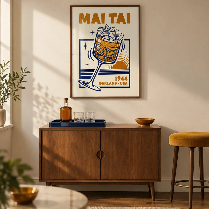 Mai Tai Wall Art, framed on the wall of a retro modern home bar in a UK city flat with warm ivory walls and a walnut floor in a living room