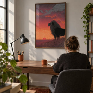 Majestic Lion Art Print, framed on the wall of a compact home study in a design-conscious UK flat with a pale grey wall