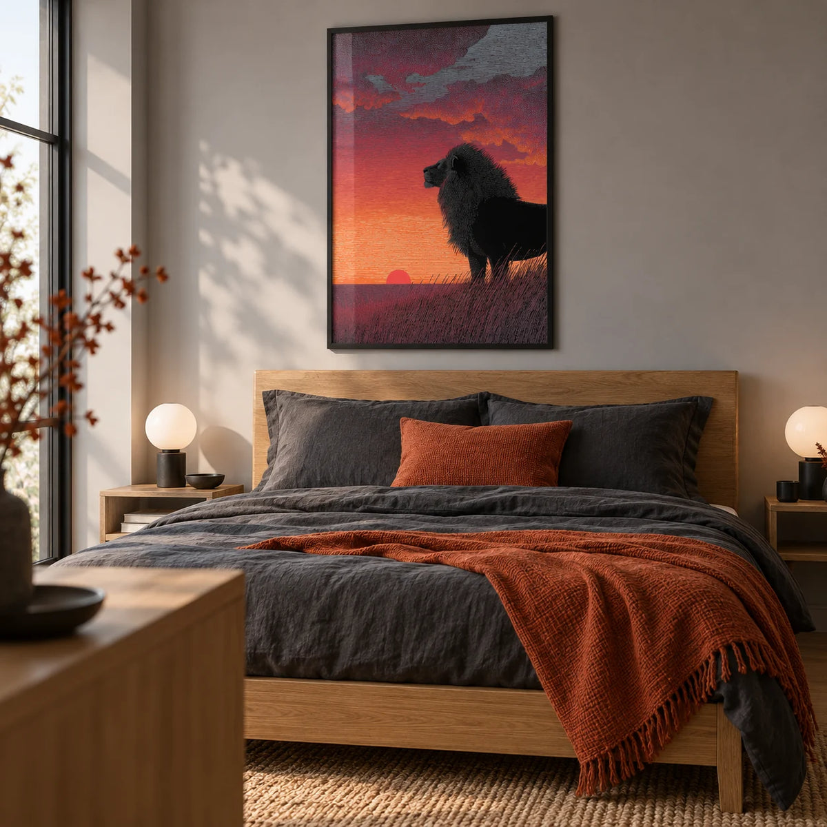 Majestic Lion Art Print, framed on the wall of a contemporary adult bedroom with a soft grey wall and warm oak flooring