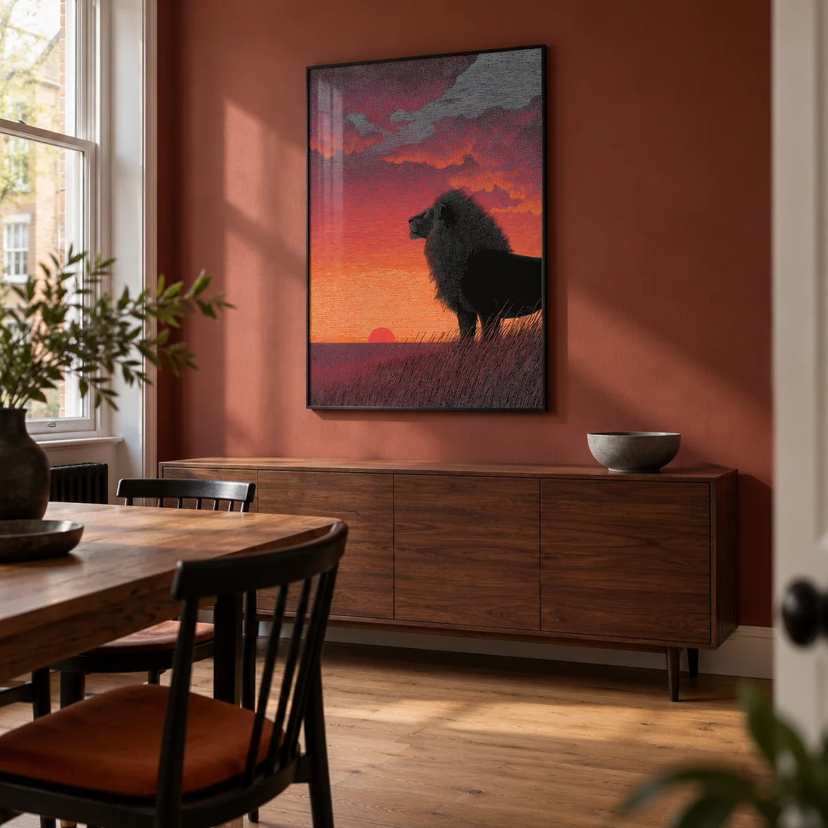 Majestic Lion Art Print, framed on the wall of a modern dining room in a UK townhouse with a muted brick-red wall and plain oak floorboards