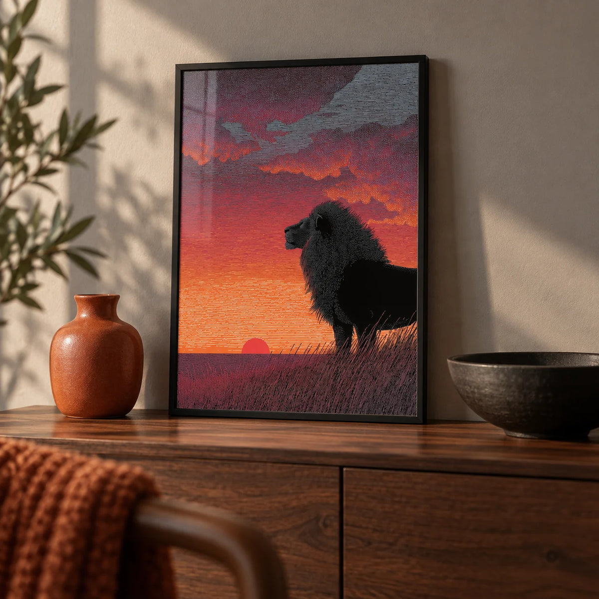 Majestic Lion Art Print, a small A4 framed print leaning on a walnut side table in a hallway