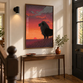 Majestic Lion Art Print, framed on the wall of a welcoming hallway in a renovated UK terrace with warm white plaster walls and a charcoal painted front door