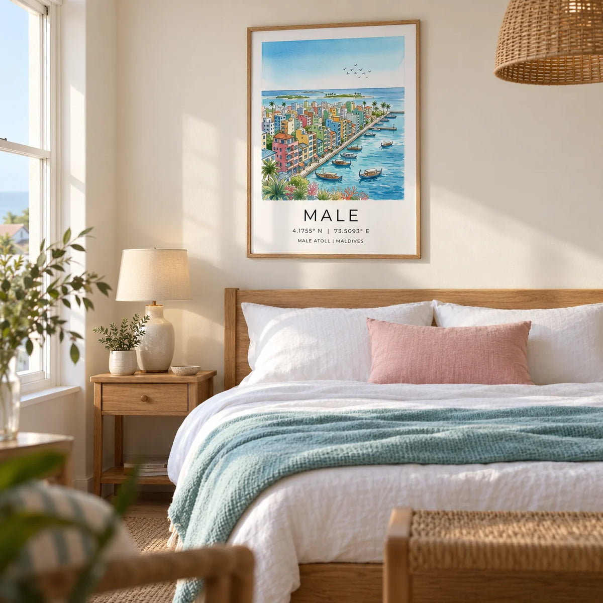 Maldives City Art Print, framed on the wall of a calm coastal bedroom in a UK home with a warm white wall and a woven pendant shade