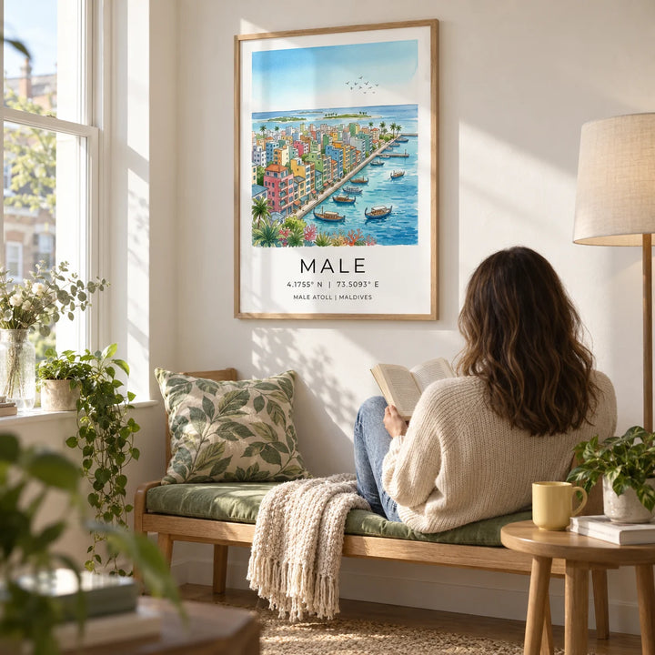 Maldives City Art Print, framed on the wall of a light reading corner in a UK flat with a soft white wall and a tall window in a living room