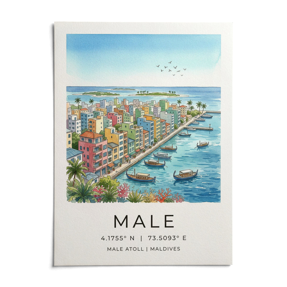Maldives City Art Print, shown as an unframed paper print on a plain white background