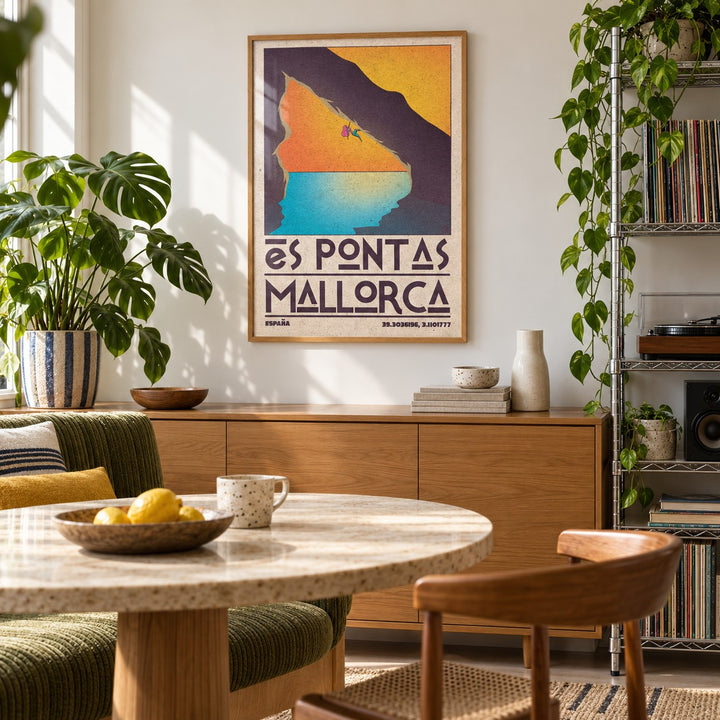 Mallorca Climbing Poster shown in a city kitchen dining area (frame not included)