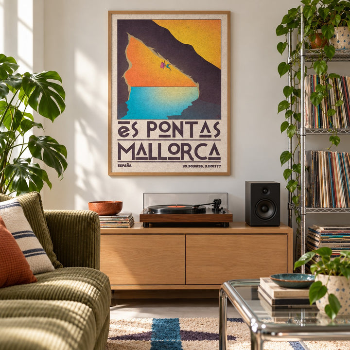 Mallorca Climbing Poster shown in a city apartment record corner (frame not included)