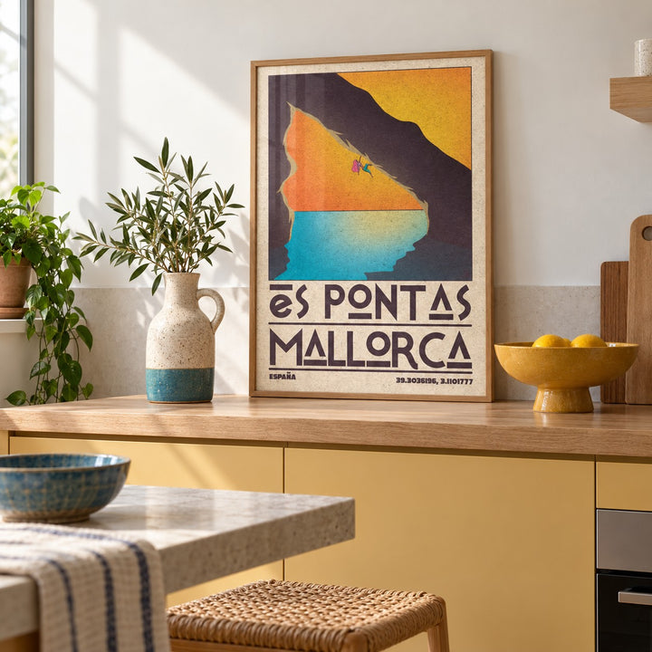 Mallorca Climbing Poster shown in a minimalist kitchen (frame not included)