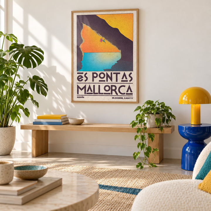 Mallorca Climbing Poster shown in a minimalist living room with an oak bench (frame not included)