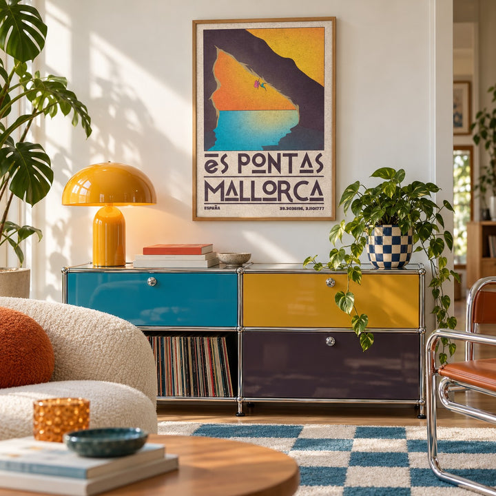 Mallorca Climbing Poster shown in a playful living room with a retro modular sideboard (frame not included)