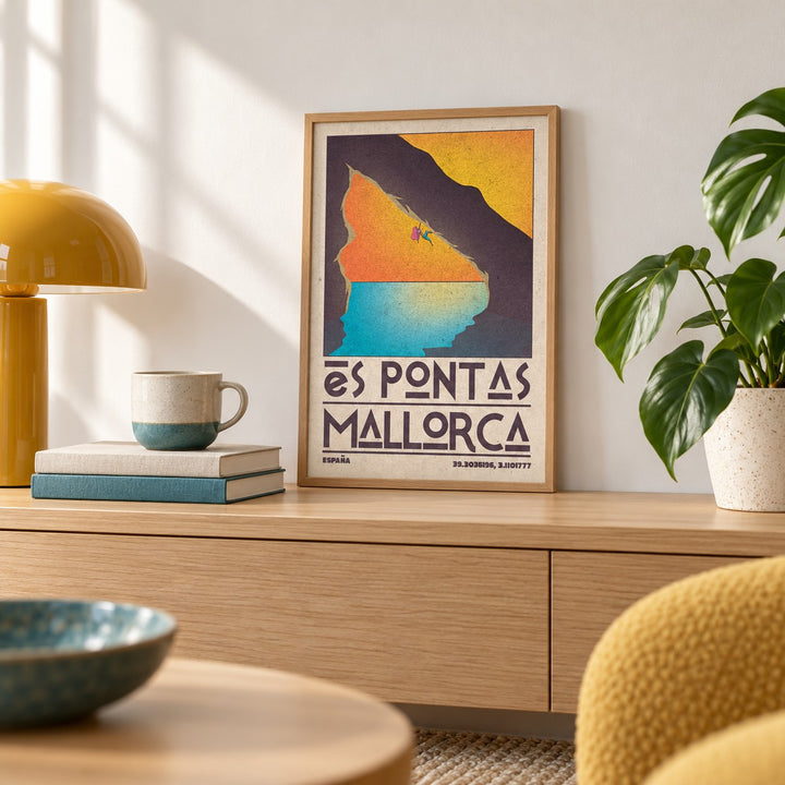 Mallorca Climbing Poster shown in the small A4 size on a shelf (frame not included)