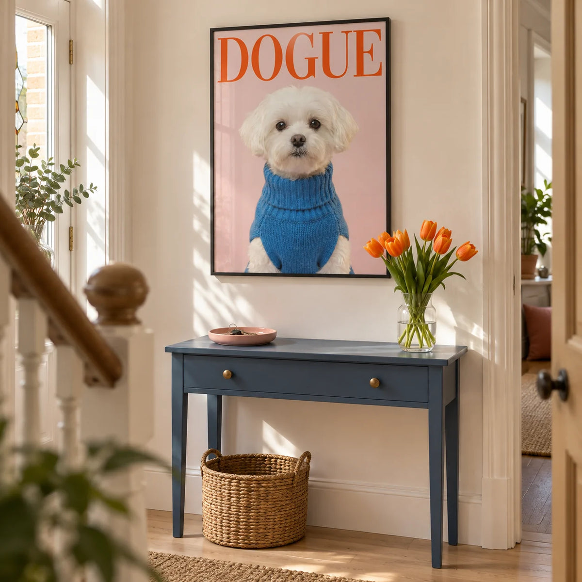 Maltese Dog Wall Art, framed on the wall of a cheerful modern hallway in a UK terraced house with a warm white wall and pale oak floorboards