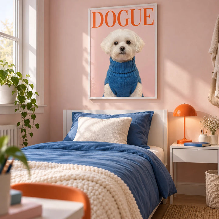 Maltese Dog Wall Art, framed on the wall of a contemporary single bedroom for a dog-loving teenager (16-17) with a pale blush pink wall