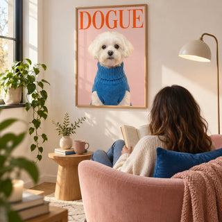 Maltese Dog Wall Art, framed on the wall of a light reading corner in a young adult's flat with a soft white wall in a living room