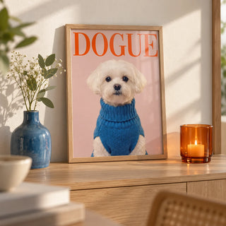 Maltese Dog Wall Art, a small A4 framed print leaning on a pale oak sideboard in a living room