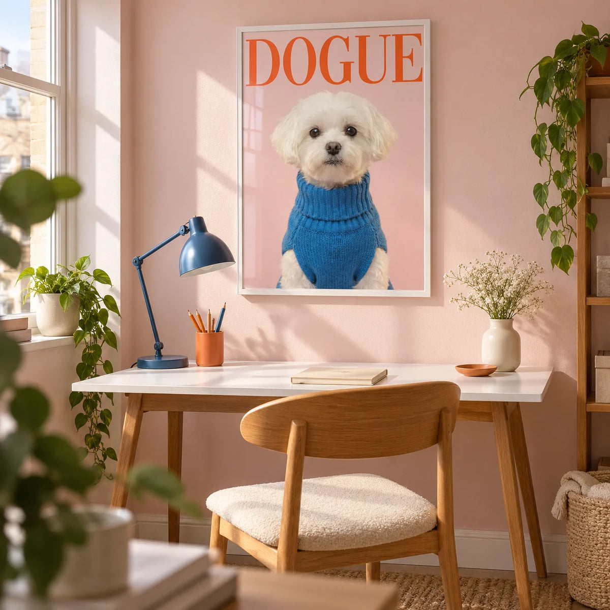 Maltese Dog Wall Art, framed on the wall of a tidy creative home study in a UK flat with a pale pink wall