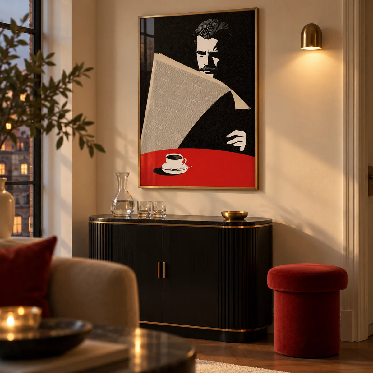 Art Deco Newspaper Reader Print, framed on the wall of a compact evening drinks corner in the living room of a design-conscious UK flat with warm cream walls