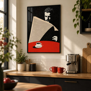 Art Deco Newspaper Reader Print, framed on the wall of a compact kitchen in a renovated UK terrace with cream walls
