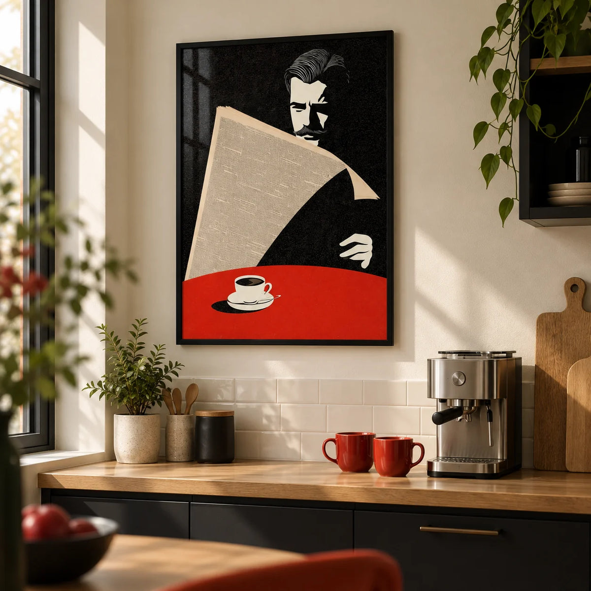 Art Deco Newspaper Reader Print, framed on the wall of a compact kitchen in a renovated UK terrace with cream walls