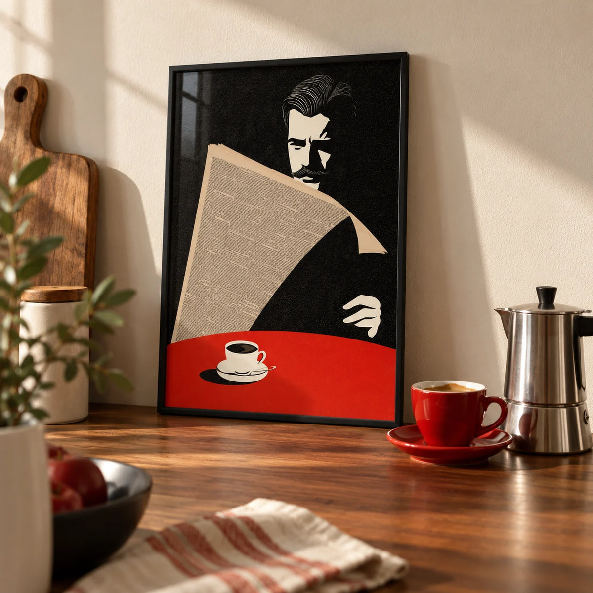 Art Deco Newspaper Reader Print, a small A4 framed print leaning on a walnut kitchen worktop