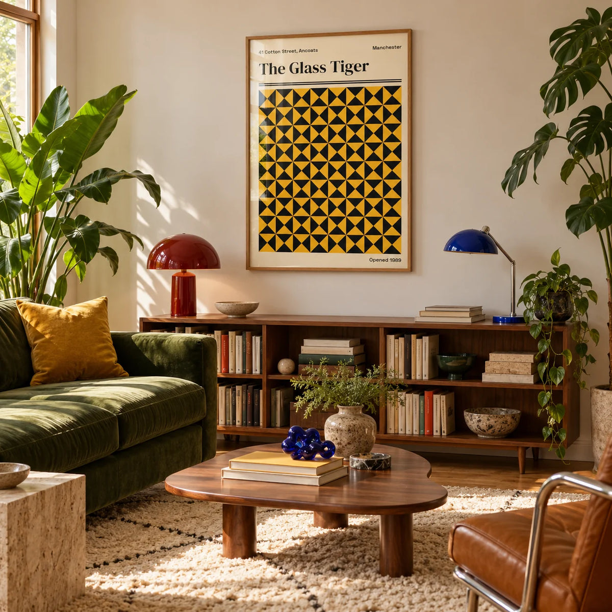 Manchester Art Print, framed on the wall of a warm mid-century living room