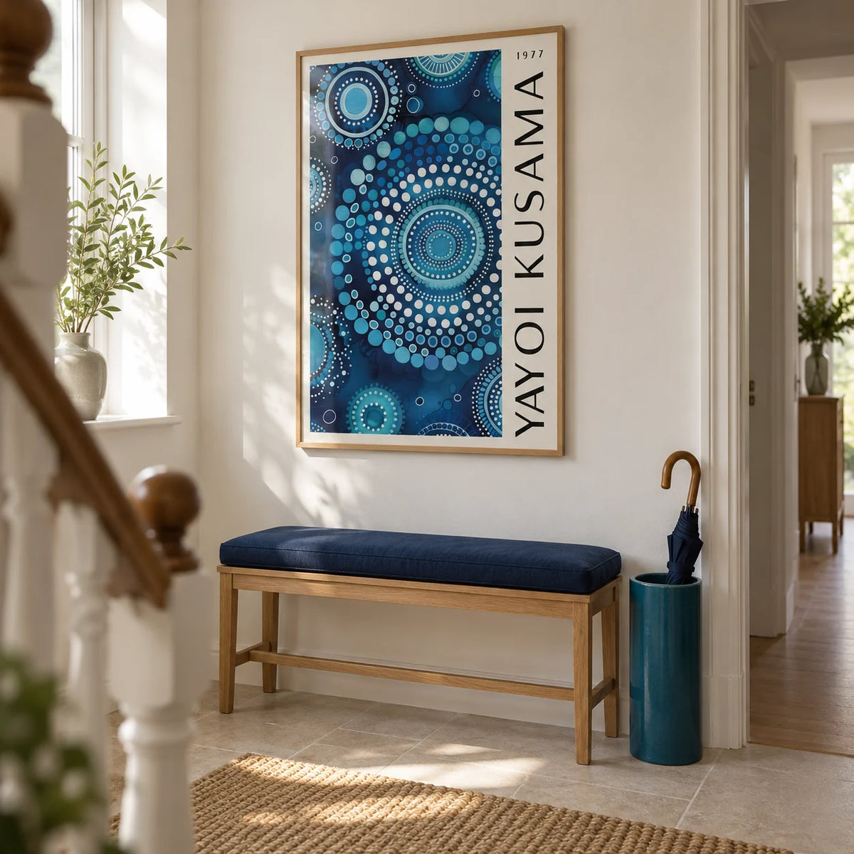 Mandala Wall Art, framed on the wall of a bright entrance hallway in a renovated UK terrace with off-white plaster walls and a pale stone floor