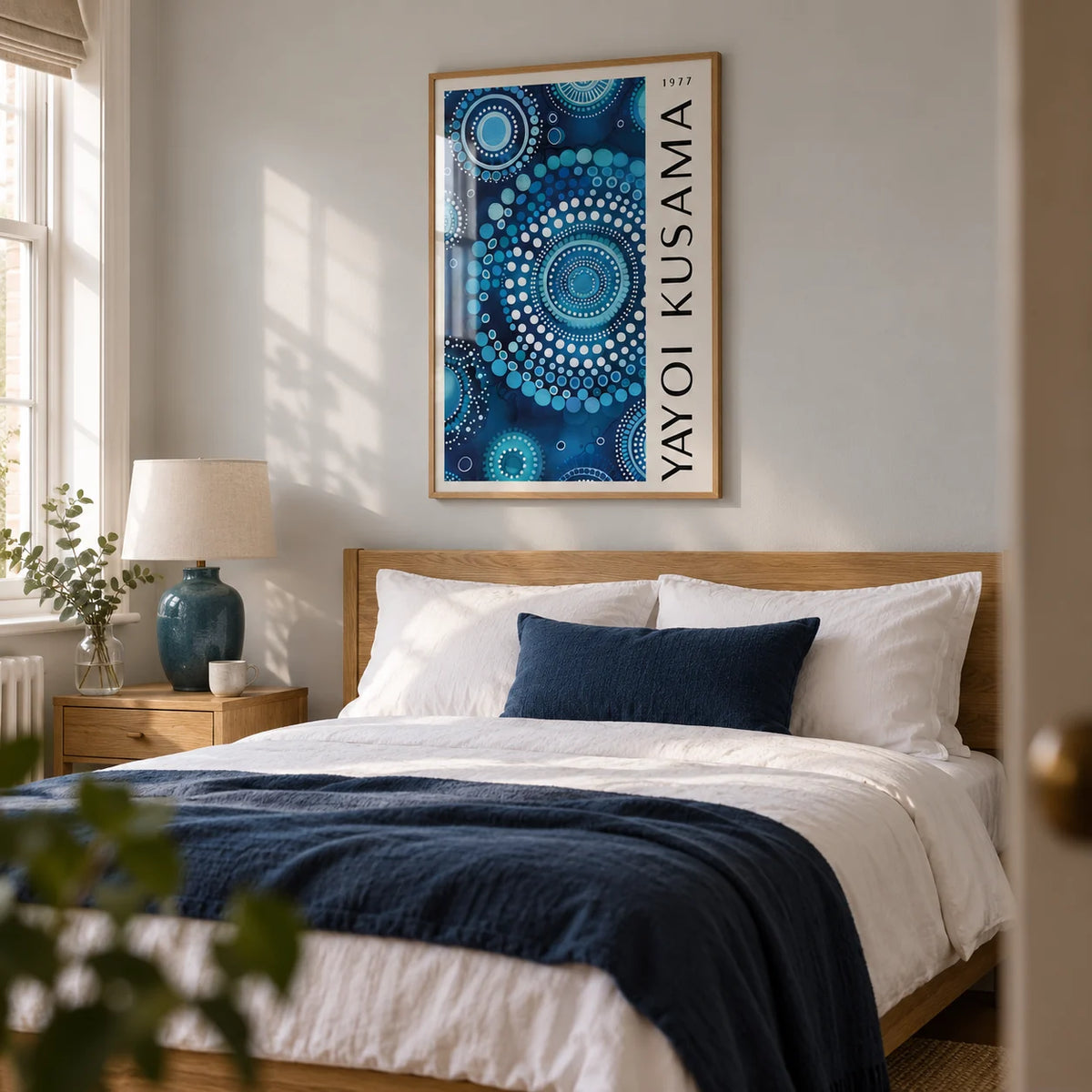 Mandala Wall Art, framed on the wall of a calm contemporary bedroom in a UK terraced home with a pale grey wall
