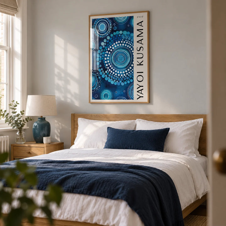 Mandala Wall Art, framed on the wall of a calm contemporary bedroom in a UK terraced home with a pale grey wall